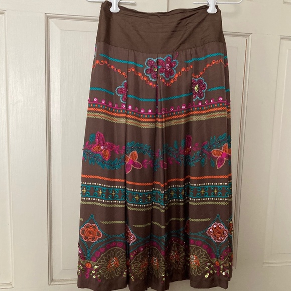 Lynne Ritchie Brown Pleated Silk Midi Skirt Beads Sequins  SZ XL - Picture 9 of 9